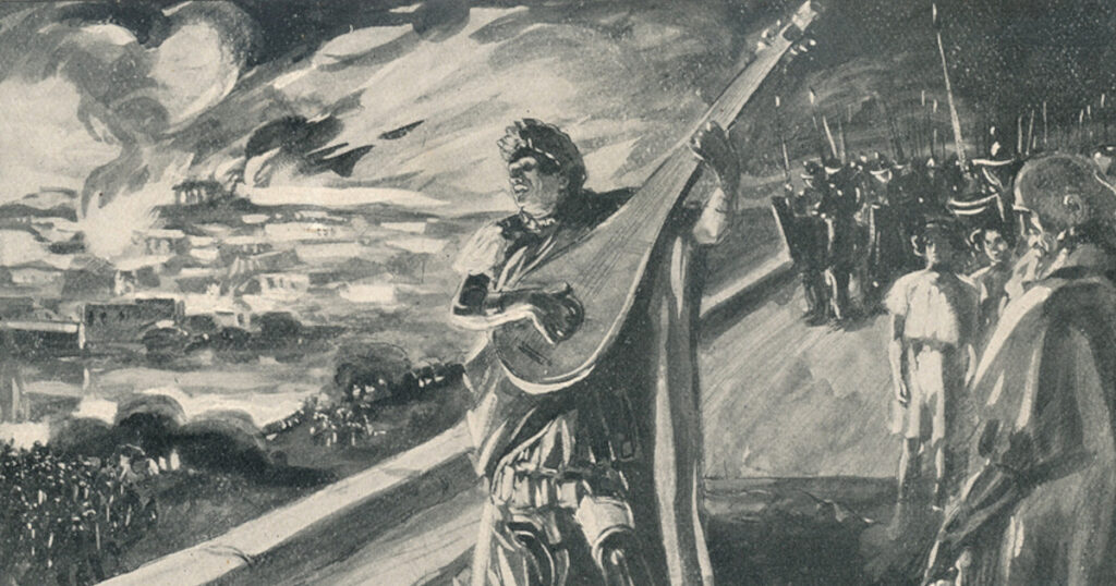 ローマの大火を眺めながら音楽を奏でるネロ